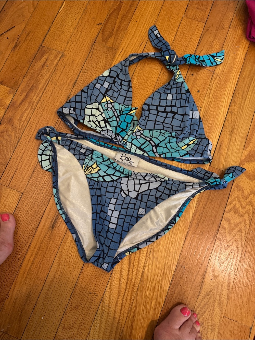Lilly Pulitzer Navy and Aqua Mosaic Halter Bikini Size 8